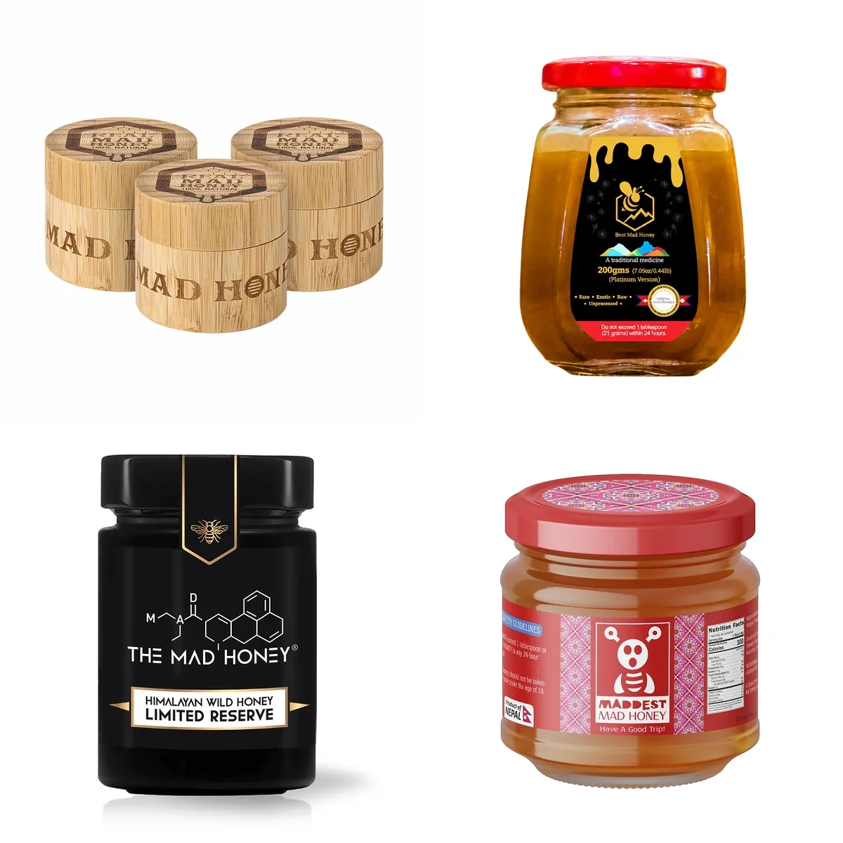 Best Mad Honey Brands Tested Side by Side Four jars compared in a best mad honey review featuring Real Mad Honey, Best Mad Honey, The Mad Honey, and Maddest Mad Honey.